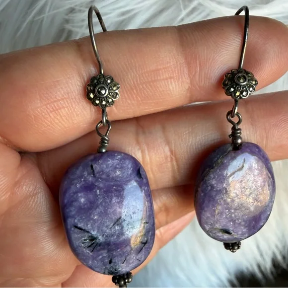 Handmade Chariote Purple Gemstone Sterling Silver Boho Dangle Earrings - Picture 17 of 17